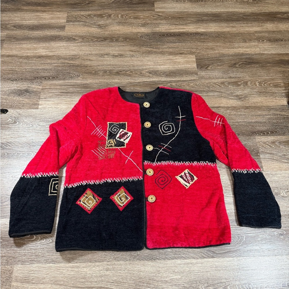 Allure Jacket Women's Size L‎ Red Black Velour Embroidered Lined Artsy Boho Vtg